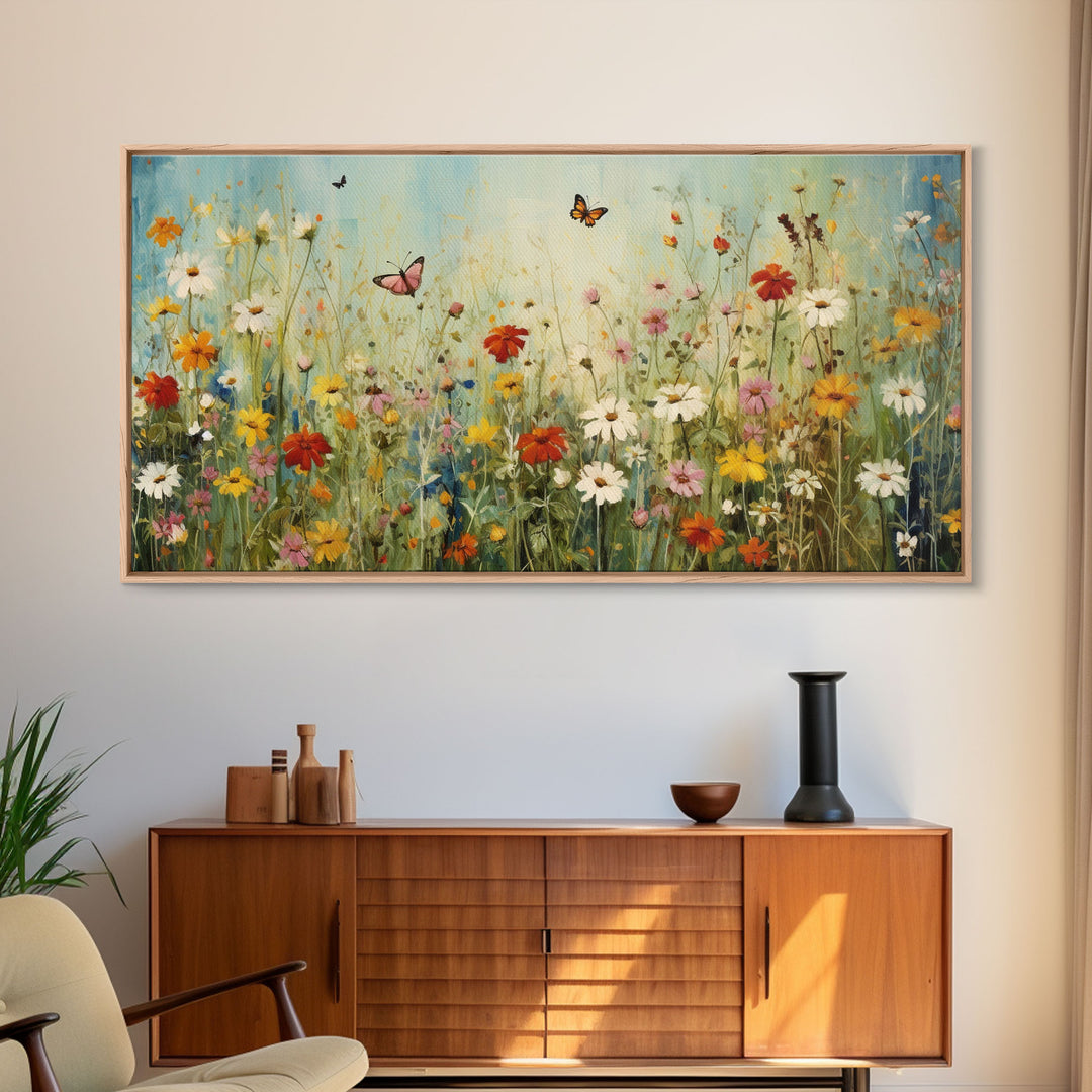Butterfly Art, Wildflowers Print, Framed Canvas Print, Beautiful Watercolor Painting, Abova Sofa Decor, Minimalist Wall Art, Modern Decor