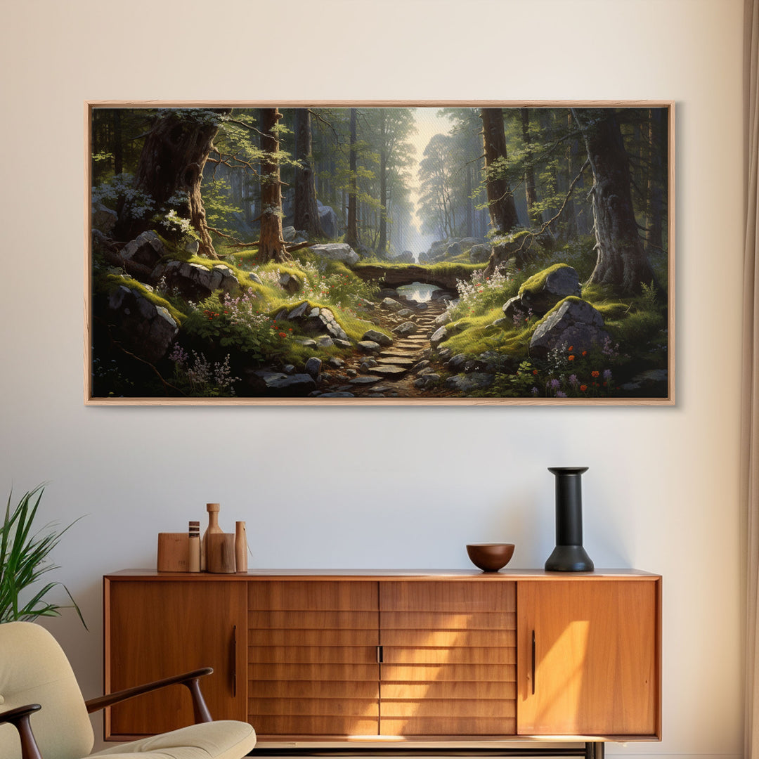 SlightlyScorched Framed Canvas Print Emerald Green Fantasy Forest, Mountain Forest Lake Landscape Minimalist Modern Art Nature Wall Decor