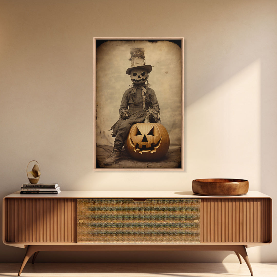 Spooky Halloween Art, The Scarecrow and the Jack O' Lantern, Framed Canvas Print, Halloween Canvas, Spooky Decor, Cottagecore Spooky Art
