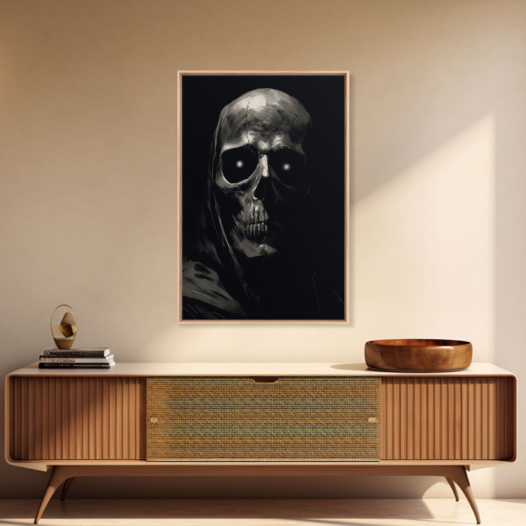 Glowing Eyes Grim Reaper, Spooky Halloween Canvas Art, Framed Canvas Print, Halloween Wall Decor, Skull Portrait