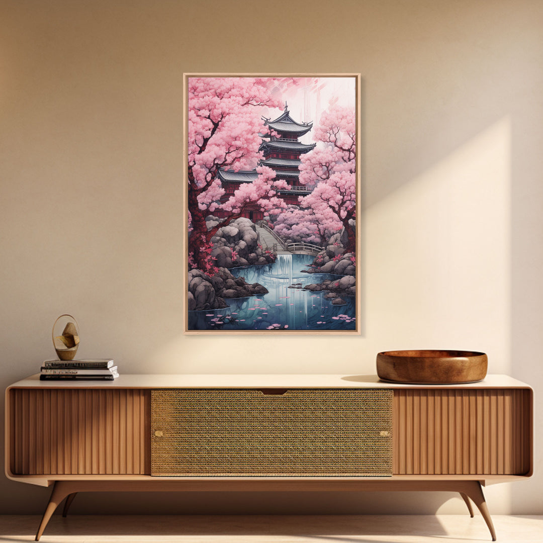 Pagoda Wall Art, Japanese Wall Art, Asian Art, Cherry Blossom Tree, Canvas Print, Wall Art, Vertical Art, Engagement Gift, Prints Wall Art