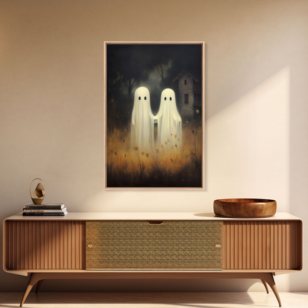 Farmhouse Ghosts Art Print, Halloween Art Print, Halloween Decor, Cute Ghosts in Field, Spooky Vintage Halloween, Wall Art, Framed Canvas