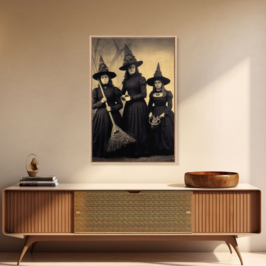 Victorian Witches, Vintage Tintype Style Photograph, Framed Canvas Print, Gothic Wall Art, Dark Academia, Witch Art
