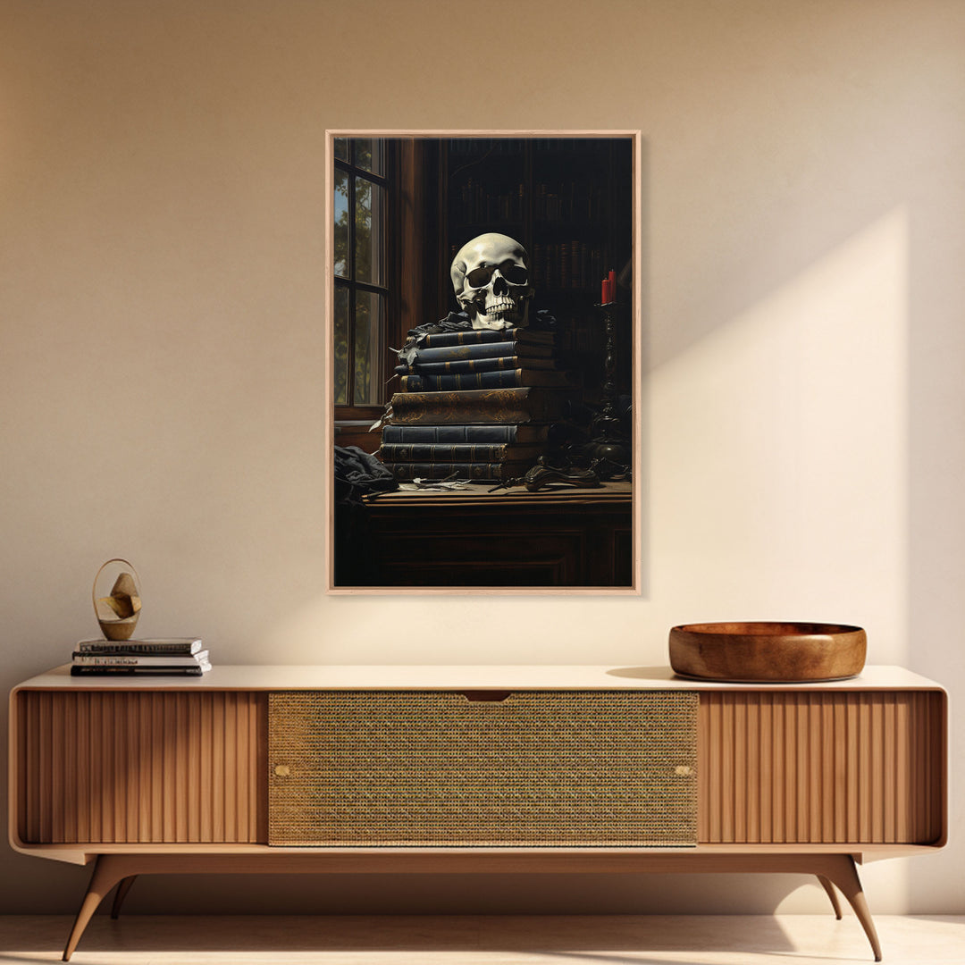 Gothic Victorian Book Shelf With Skull, Vintage Canvas, Art Canvas Print, Dark Academia, Gothic Victorian, Reading Gifts, Halloween Decor