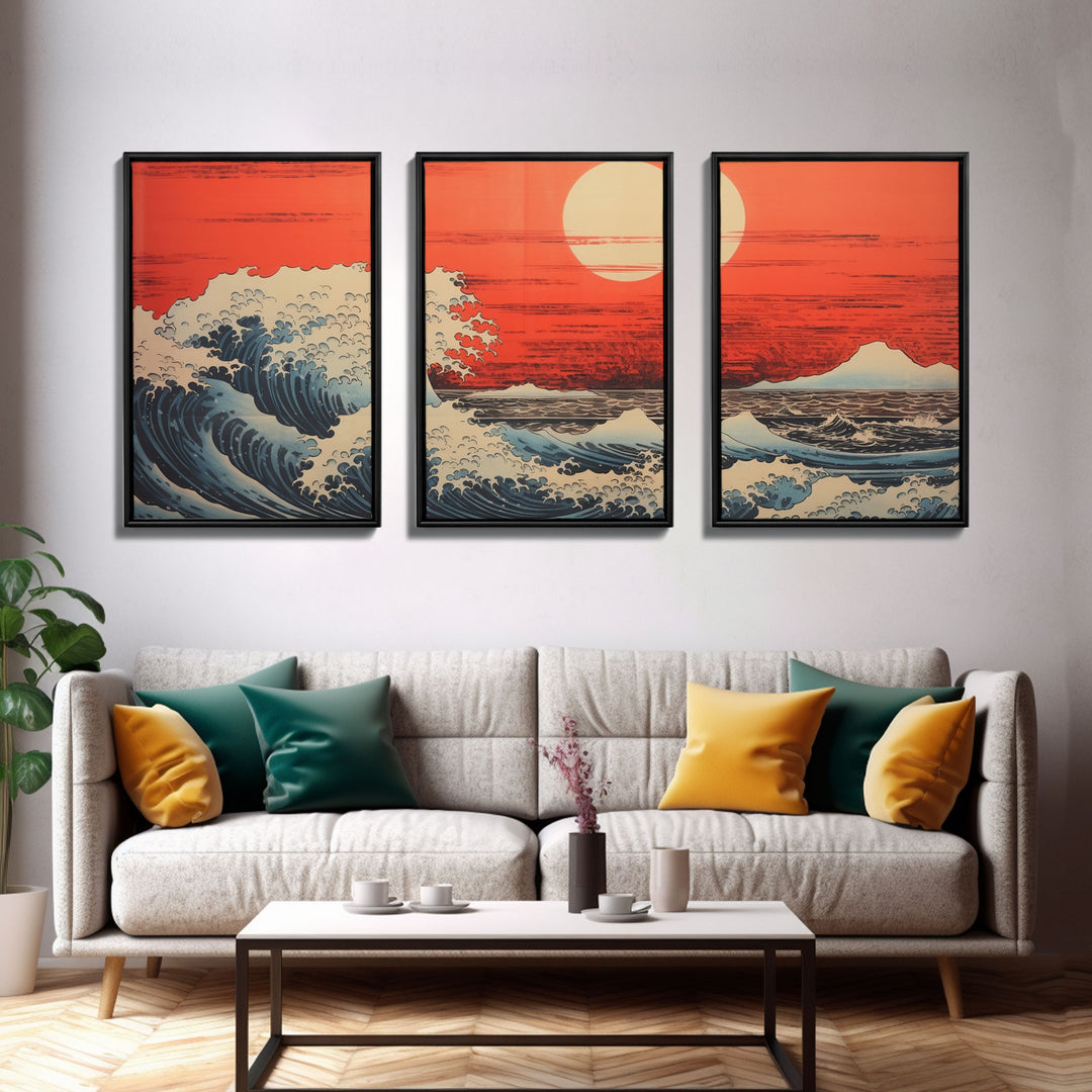 Japanese Wall Art, Ocean Waves, Asian Art, Sunset Art, Canvas Print, Wall Art, 3 Piece Wall Art, Above Bed Art, Southern Wall Art, RV Decor