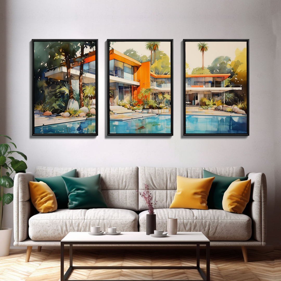 Architecture Print, Mid-century House Art, Canvas Print, Wall Art, 3 Piece Wall Art, Real Estate Gift, Family Room Art, Entryway Prints