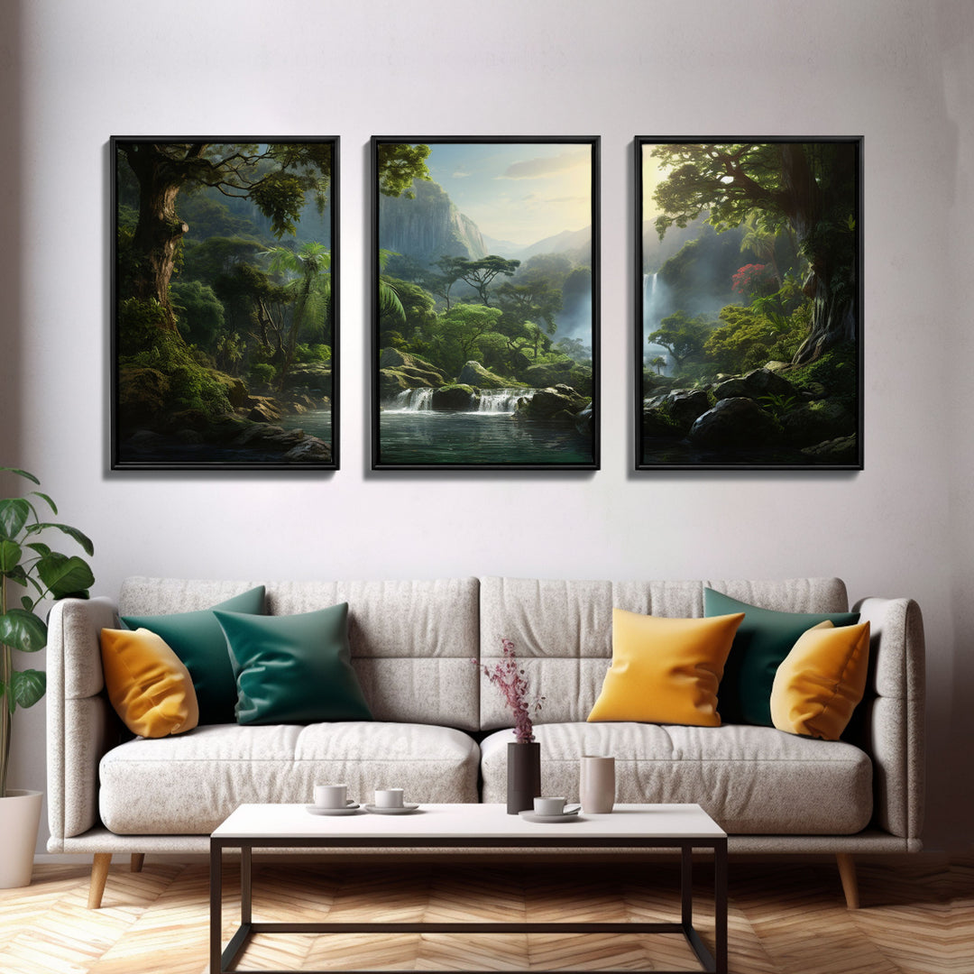 Framed Canvas Wall Art Set of 3 Green Tropical Jungle Floral Botanical Watercolor Painting Prints Modern Art Emerald Green Wall Decor