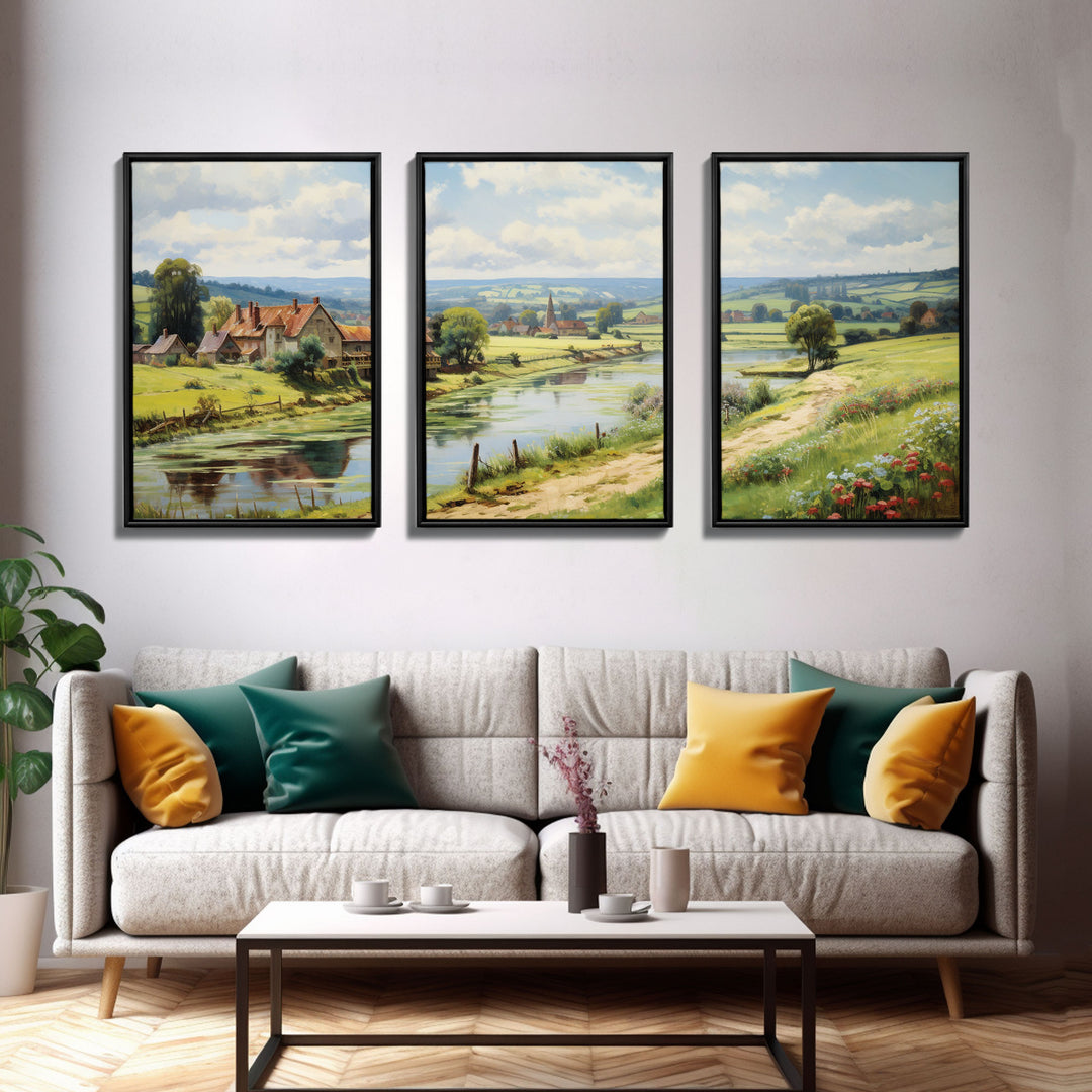 French Country Landscape Gallery Wall Art Set | Vintage Living Room Decor | Collection of 3 | French Countryside | Farmhouse Decor