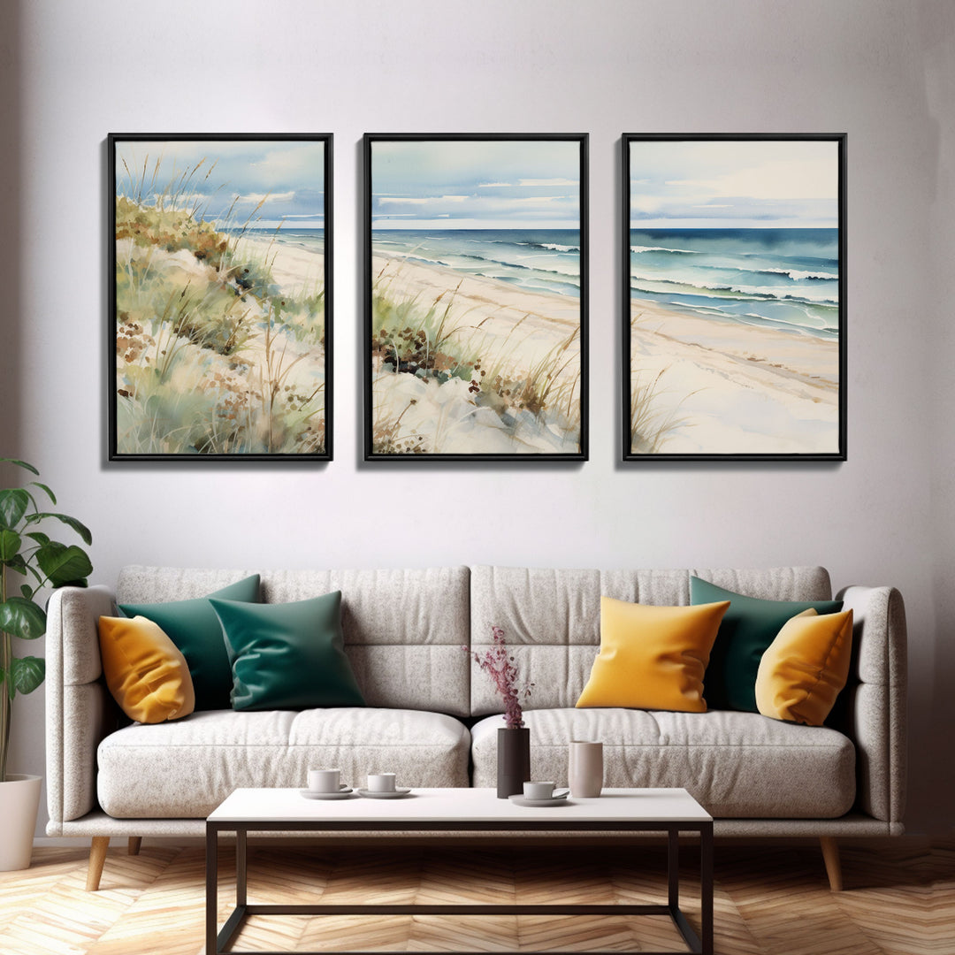 Abstract Coastal Painting Canvas Print Wall Art Vintage Beach Print Girly Apartment Decor Seascape Print, 3 Piece Wall Art, Boho Decor
