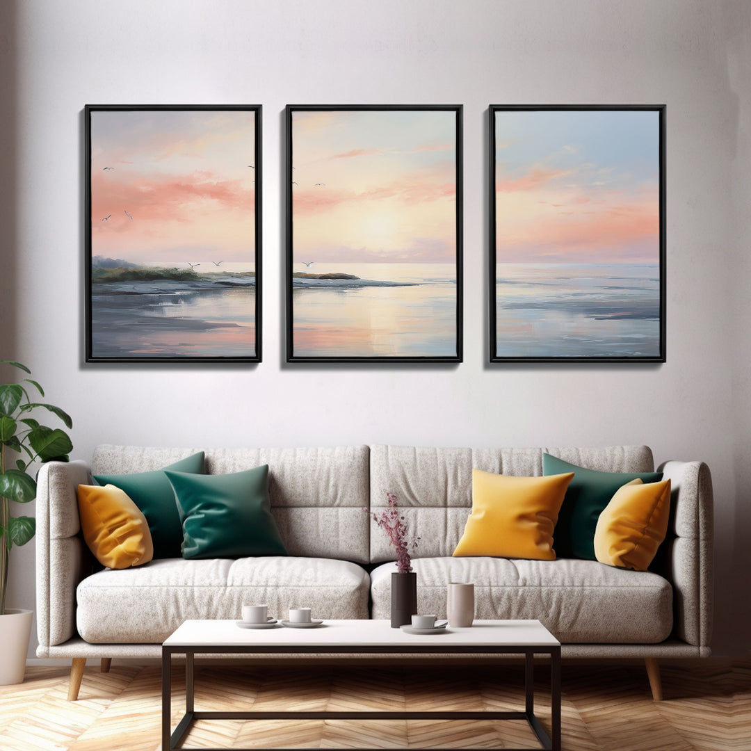 Pink Abstract Coastal Painting Canvas Print Wall Art Vintage Beach Print Girly Apartment Decor Seascape Print, 3 Piece Wall Art, Boho Decor