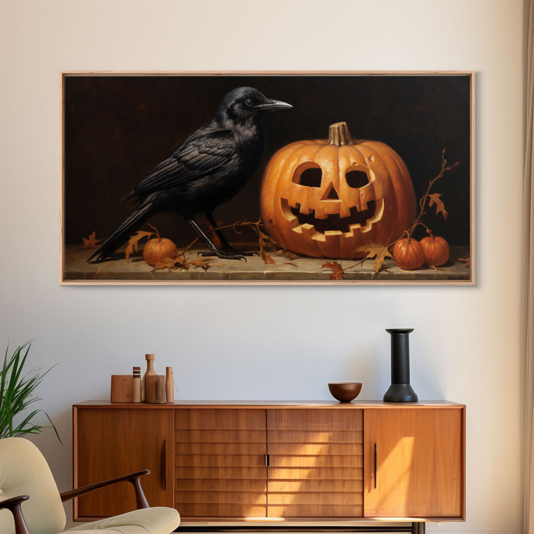 Spooky Crow Print, The Raven and The Jack O Lantern, Halloween Wall Art, Victorian Oil Painting