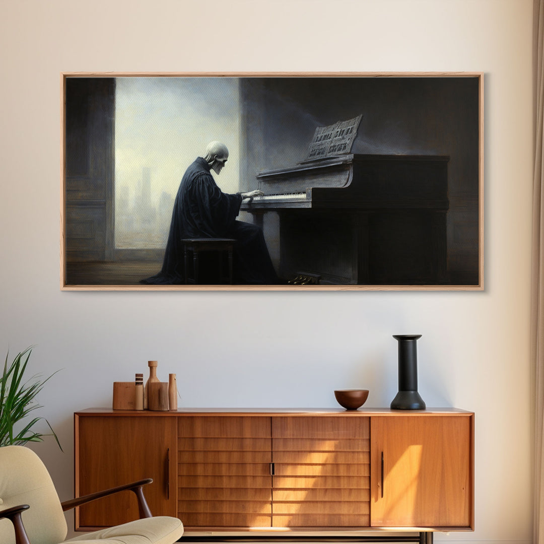 Grim Reaper Playing The Piano, Framed Canvas Print, Cool Halloween Decor, Wild West Themed Halloween Art
