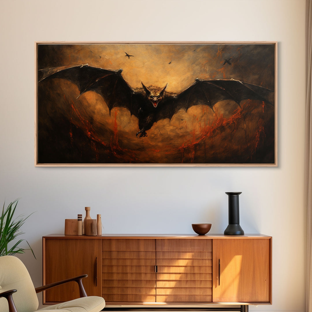 Vampire Bat Painting, Vintage Poster, Framed Canvas Print, Art Poster Print, Dark Academia, Dracula, Halloween Decor, Halloween Art Print