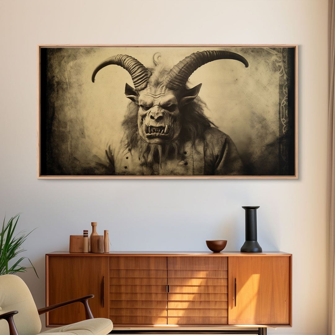 Photograph of A Demon, Creepy Halloween Trick Or Treaters, Framed Canvas Print, Vintage Tintype Photography Art, Halloween Art Print