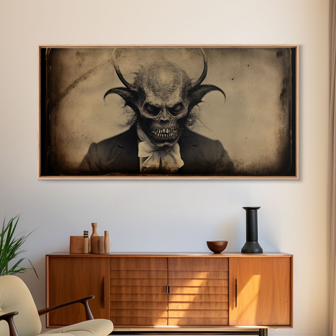 The Demon Of 81st Street, Creepy Halloween Trick Or Treaters, Framed Canvas Print, Vintage Tintype Photography Art, Halloween Art Print
