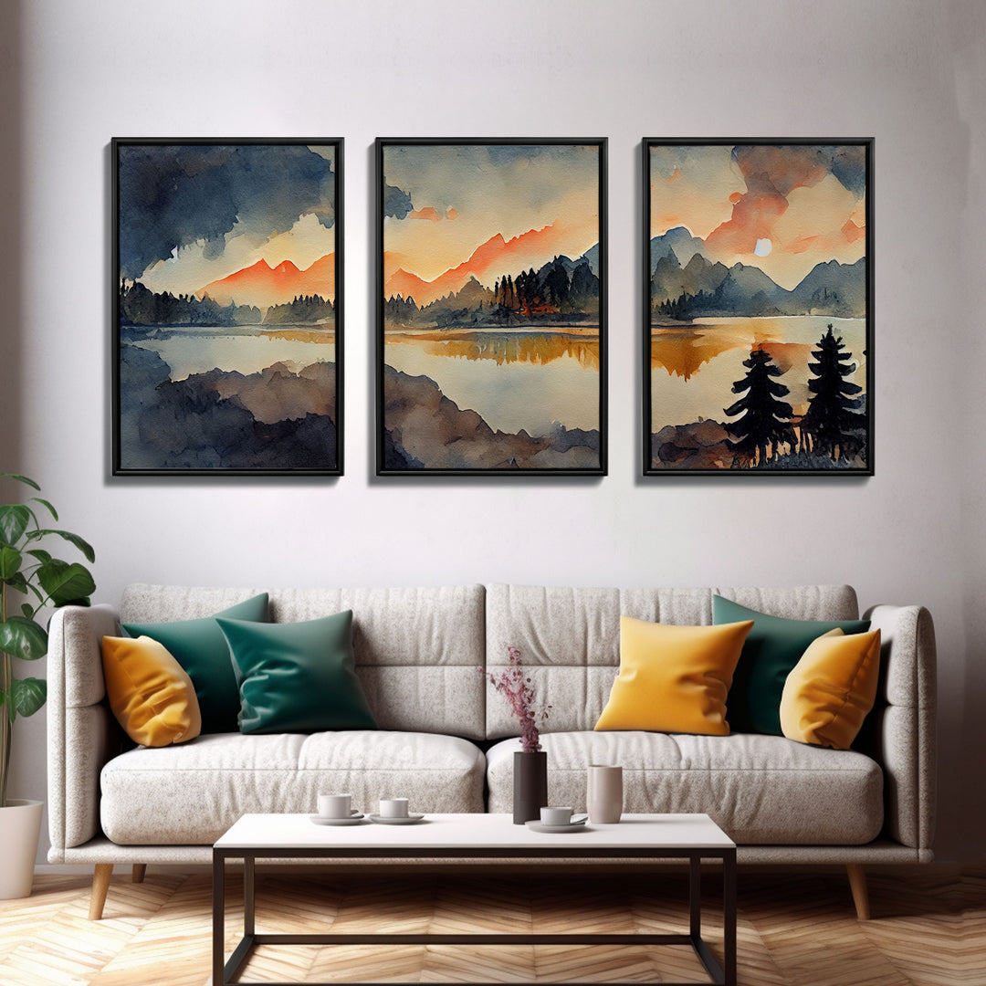 3 Piece Canvas Wall Decor, Ready To Hang Canvas Prints, Watercolor Of A Forest Fire, Orange Landscape Sunset Art, Canvas Wall Decor