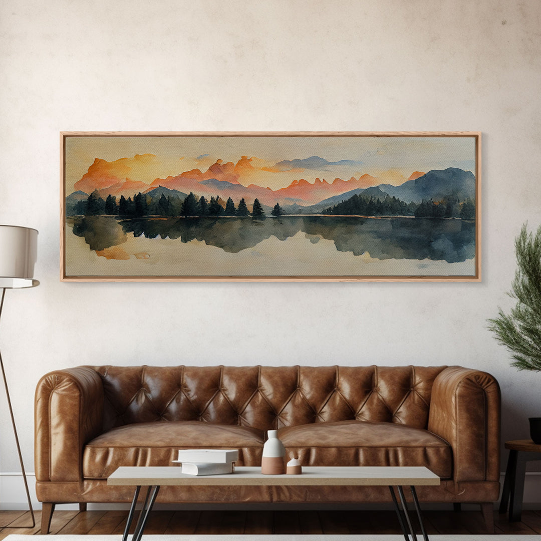 Unique watercolor painting of a forest fire, panoramic canvas print, ready to hang, gloomy wall decor