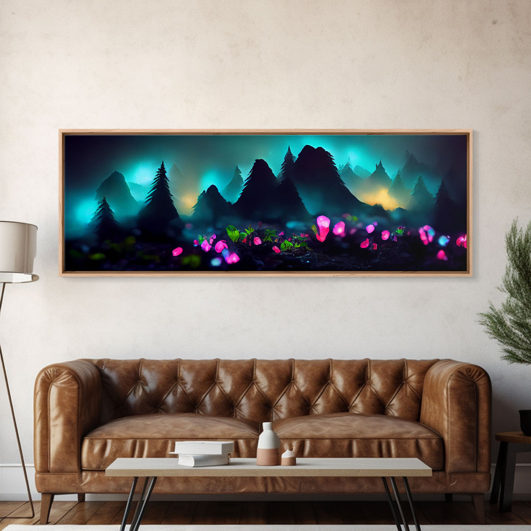 Luminescent trail in the forest, fantasy art, RPG concept art, canvas print, tiny worlds, glowing mushrooms out of focus, miniature worlds