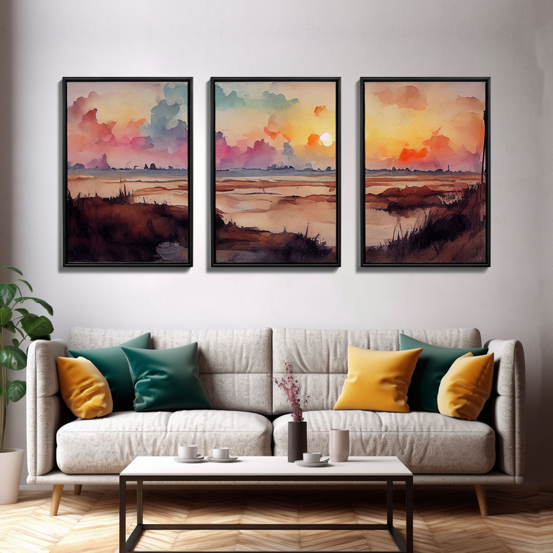 Watercolor of a beach at sunset, Abstract Lakehouse Wall Decor, 3 Piece Canvas Decor, 3 Piece Wall Art, Ready To Hang Canvas Prints