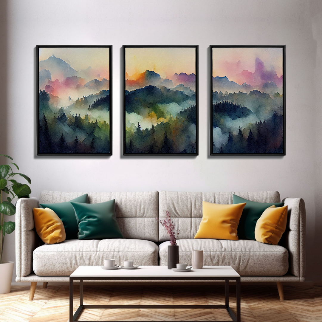 Dramatic Watercolor Sunset Landscape Abstract, Landscape Art, 3 Piece Canvas Decor, 3 Piece Wall Art, Ready To Hang Canvas Prints