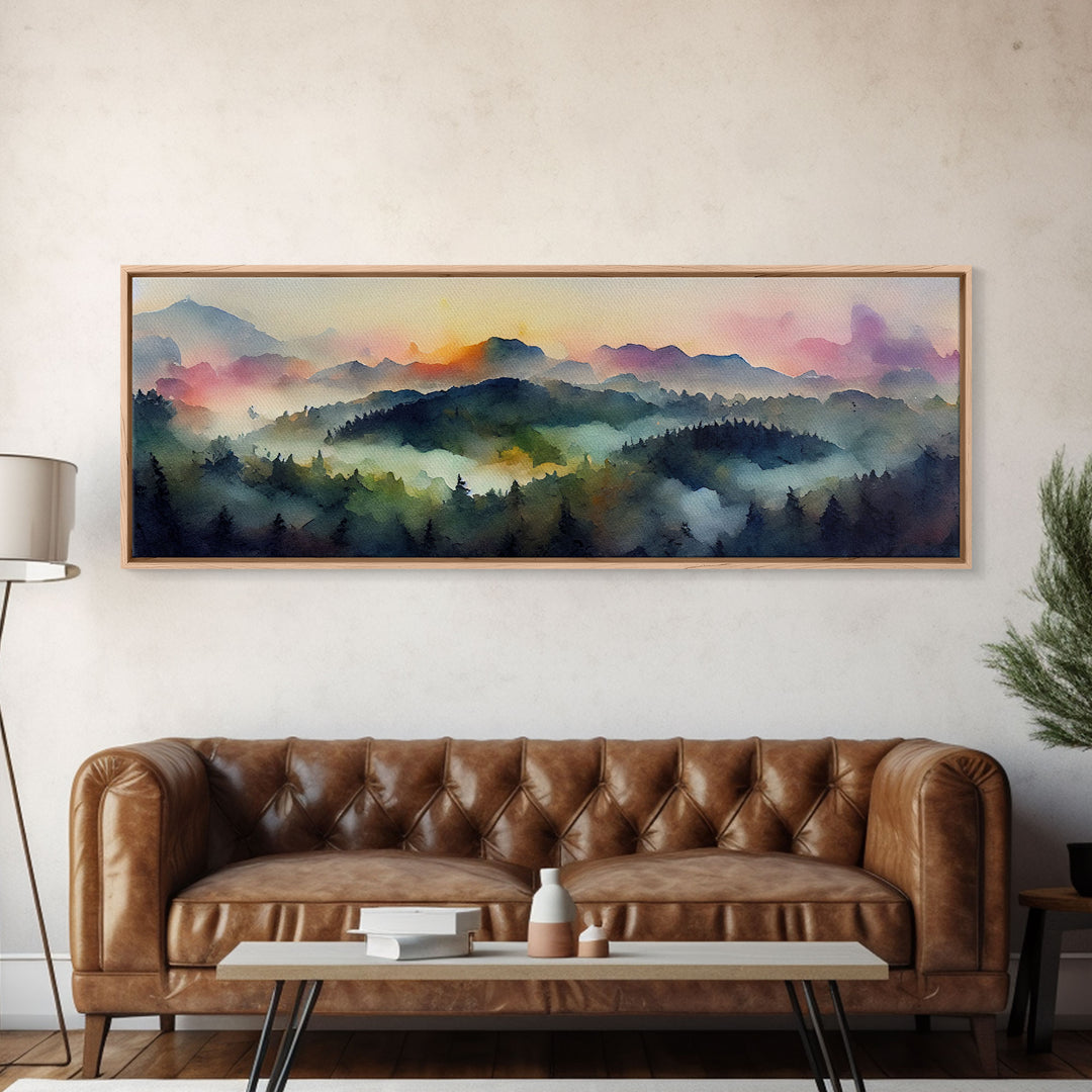 Dramatic Watercolor Sunset Landscape, Ready To Hang Canvas Print, Panoramic, Emerald Green Landscape Wall Decor