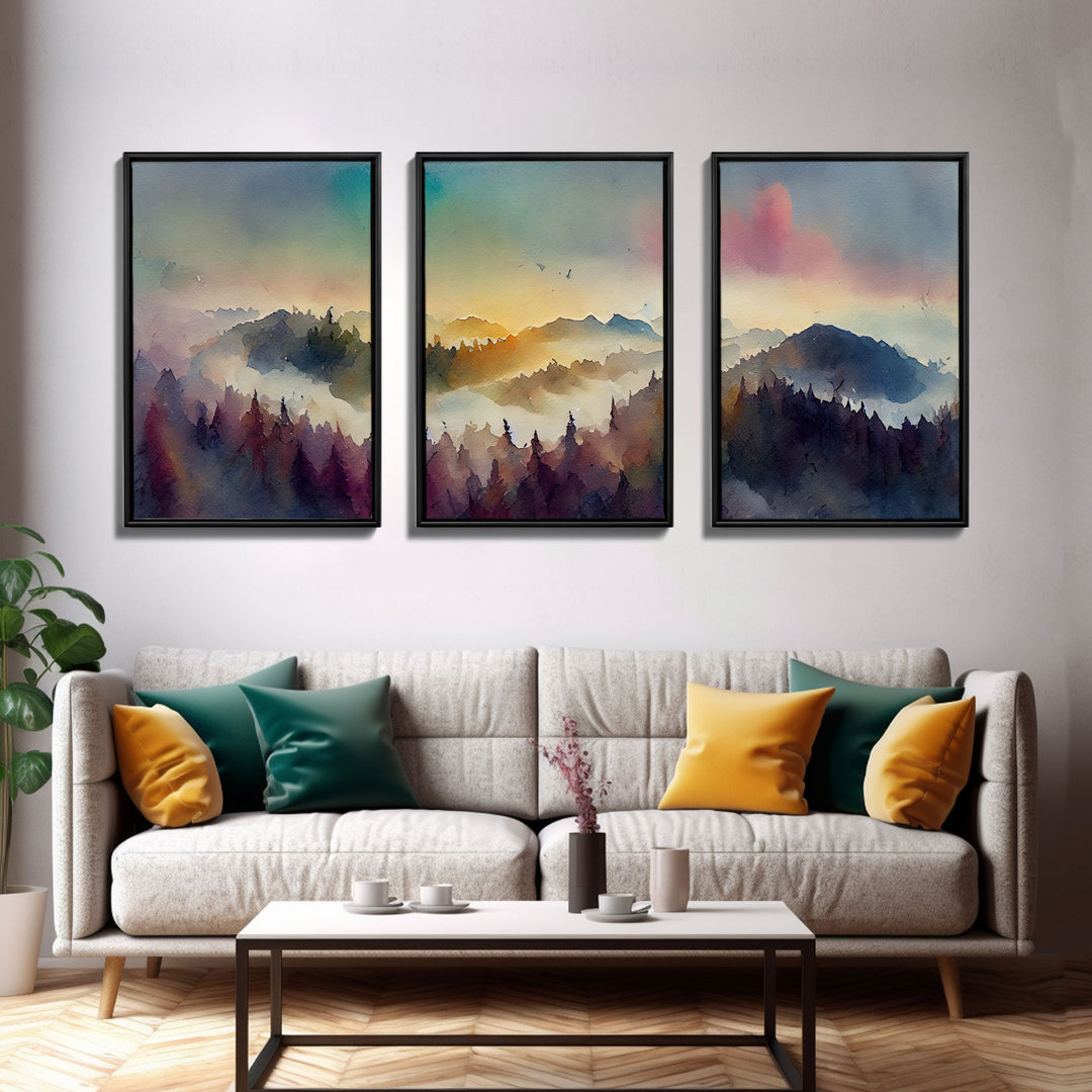 Dramatic Colorful Watercolor Sunset Landscape Abstract, Landscape Art, 3 Piece Canvas Decor, 3 Piece Wall Art, Ready To Hang Canvas Prints