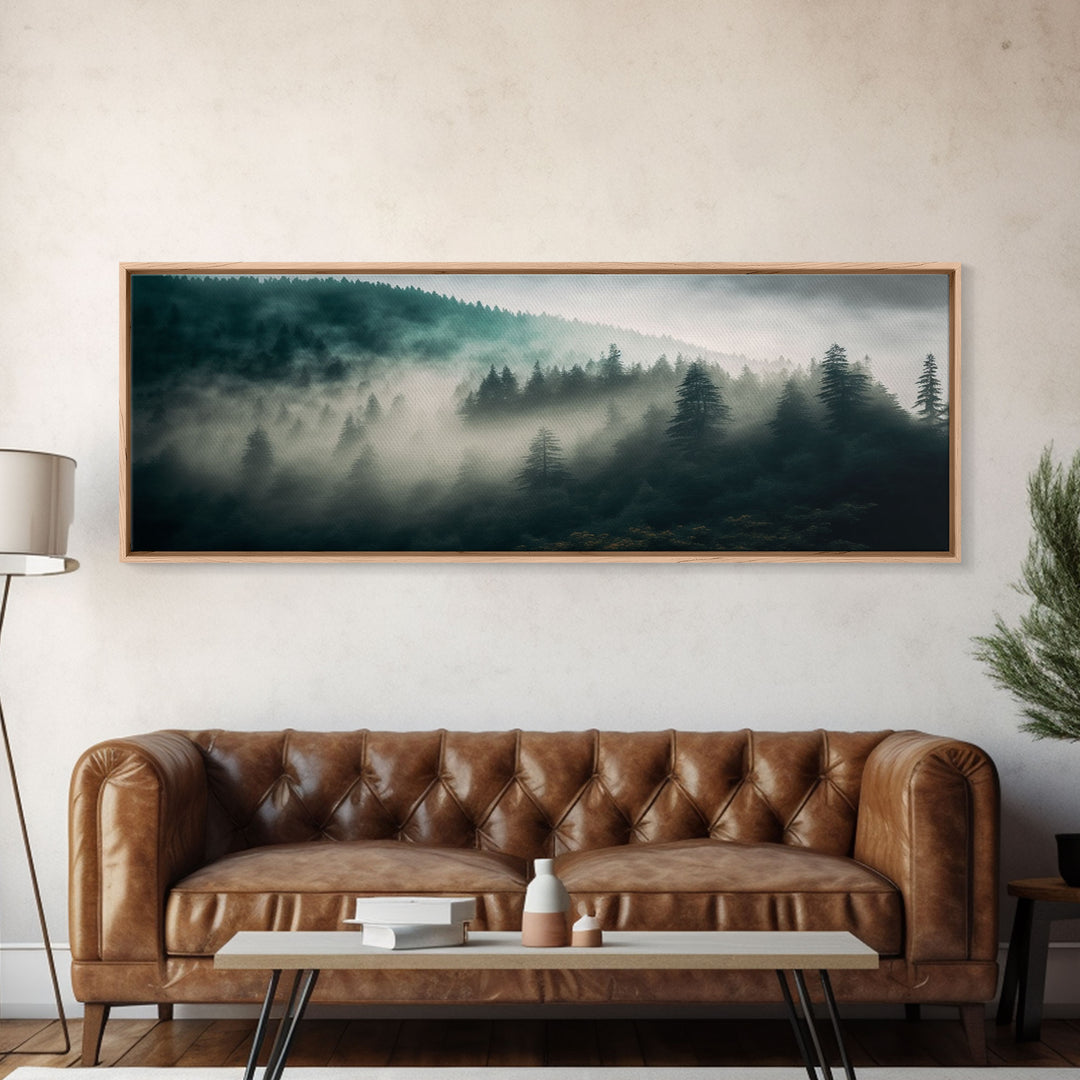 Panoramic watercolor of a misty forest fog, wall art, framed canvas print, farmhouse decor, foggy pine tree forest landscape, cabin art