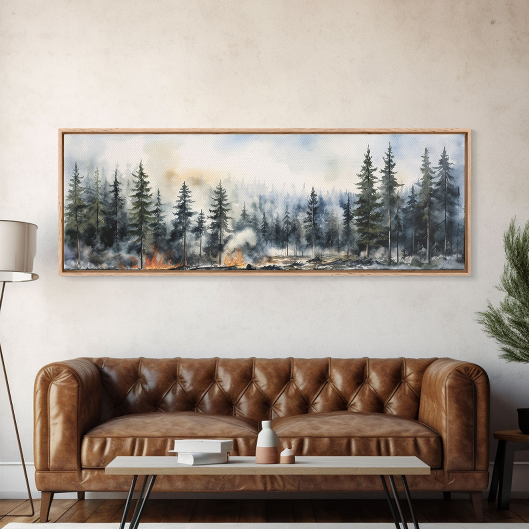 Panoramic Watercolor Painting Of A Forest Fire Wall Art, Framed Canvas Print, Landscape Painting, Oil Painting, Vintage Landscape