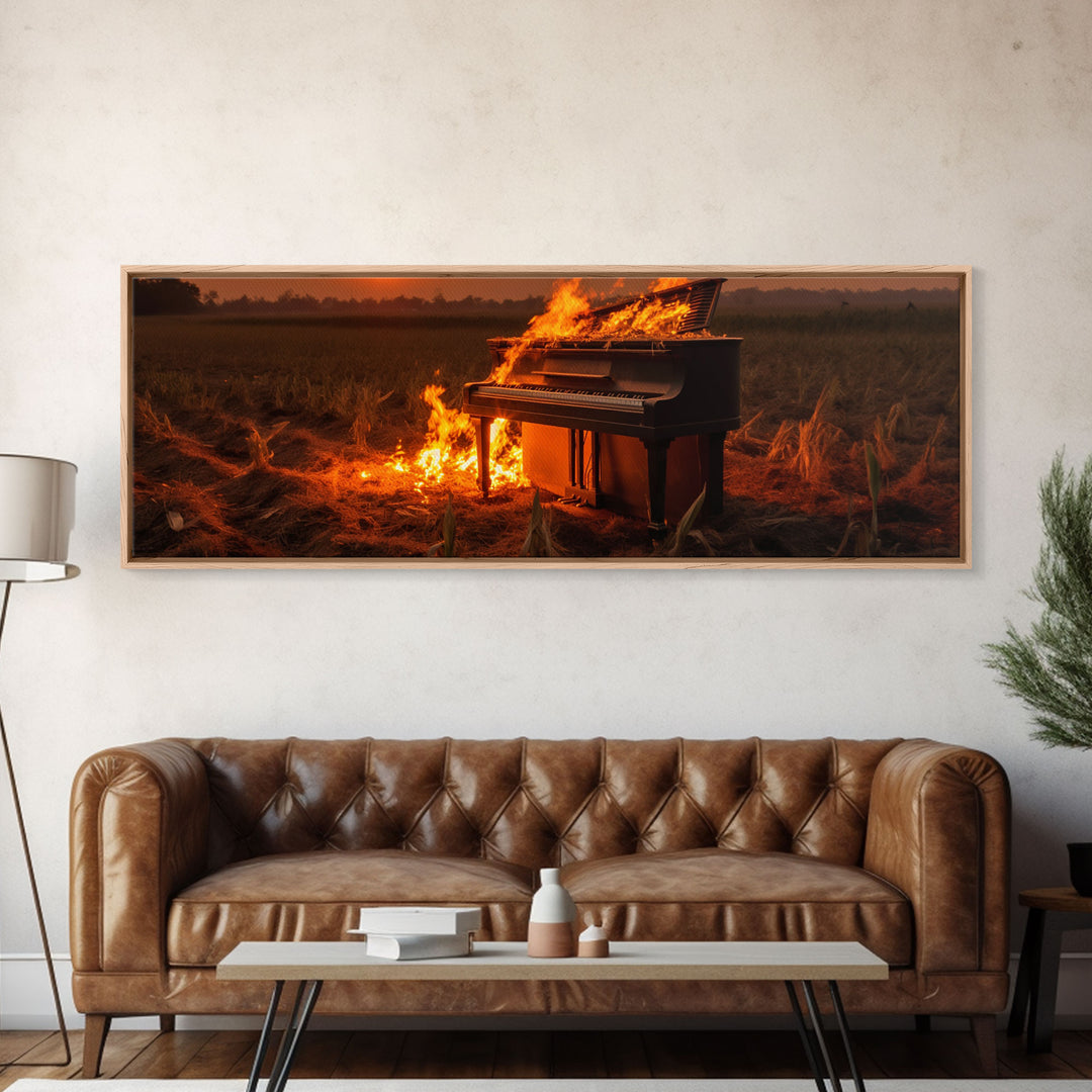 Urban Decay, Street Punk Art, Framed Canvas Print, Burning Grand Piano In A Field at Sunset, Dystopian Decor