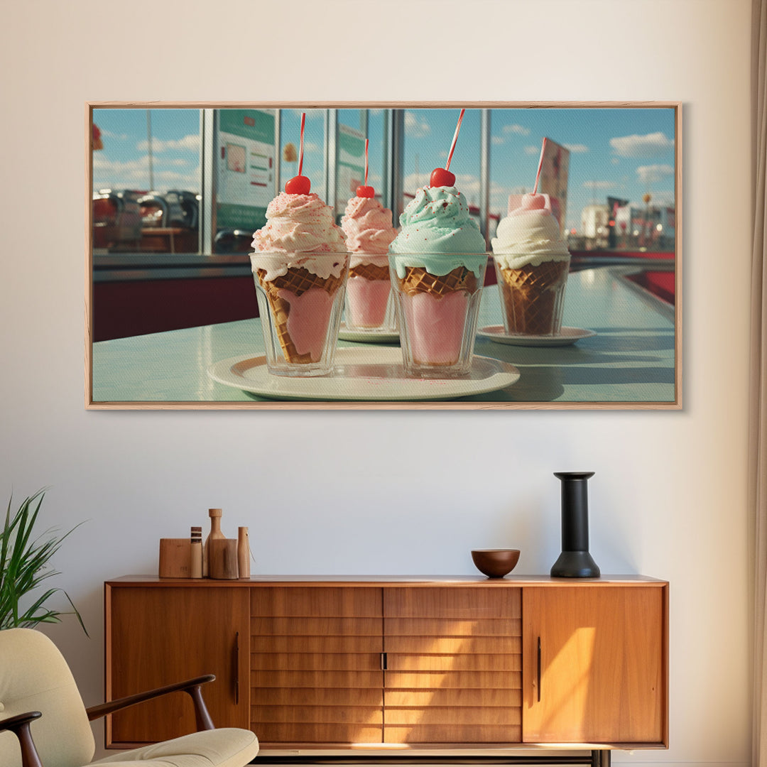 Ice Cream Shop Decor, Framed Canvas Print, Cute Nursery Decor, Retro Ice Cream Parlor Wall Art