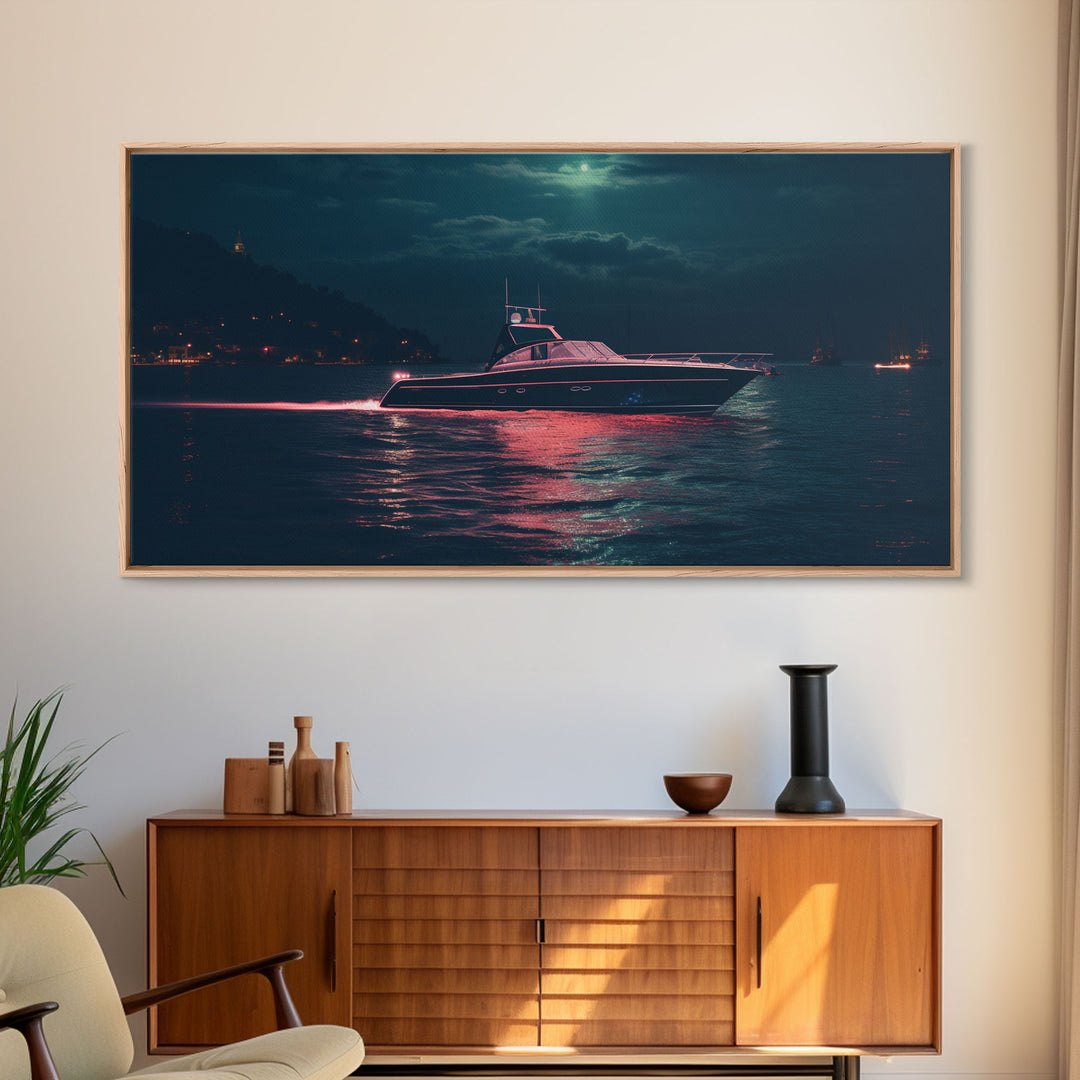 Night Cruise, Vaporwave Yacht Decor, Nautical Framed Canvas Print, Eclectic Retro Wall Art, 1980s Vibes Decor, Vintage Photography