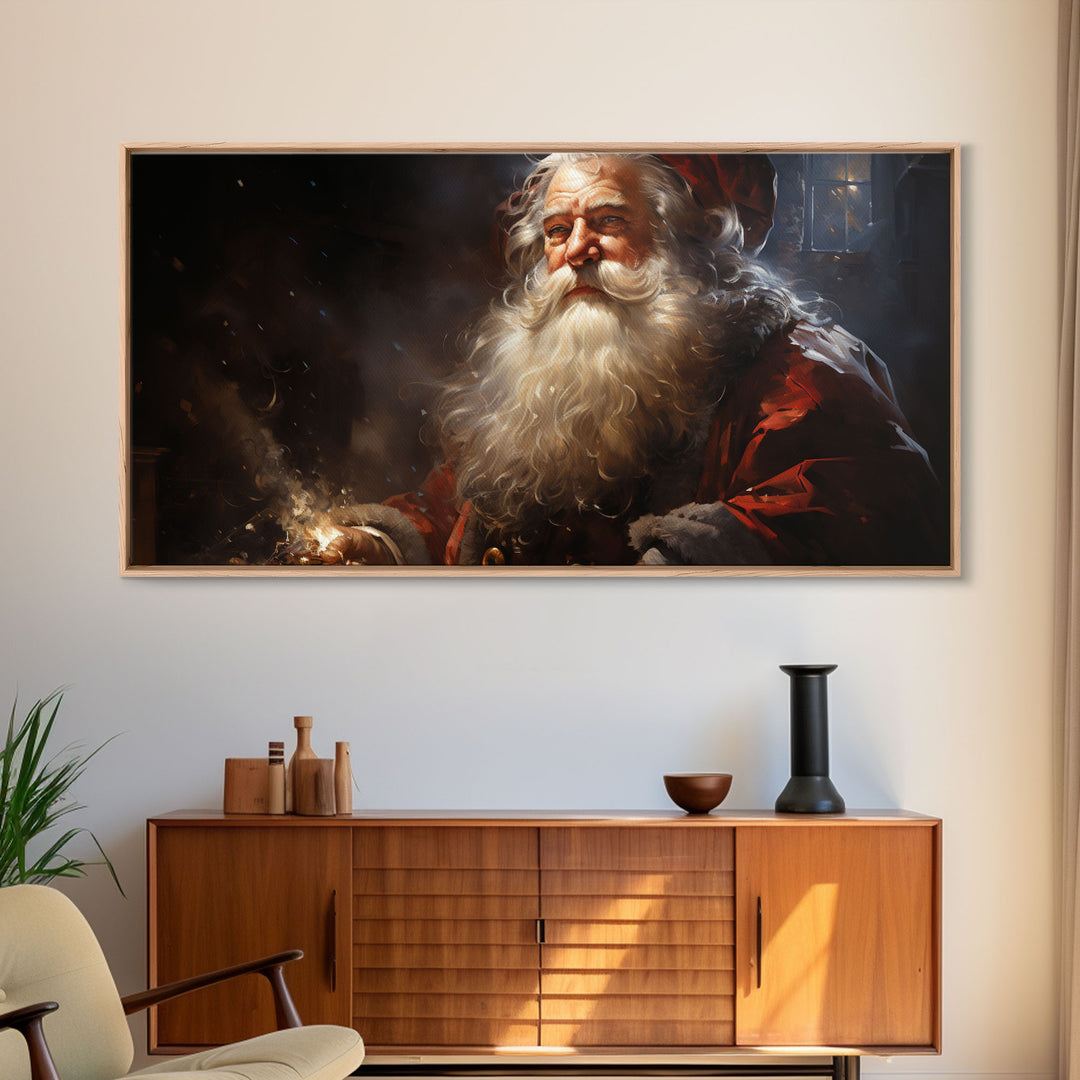 Santa Claus Burning The Midnight Oil - Framed Canvas Print - Christmas Santa Art - Xmas Decor Poster - Vintage Xmas Holiday Art Print