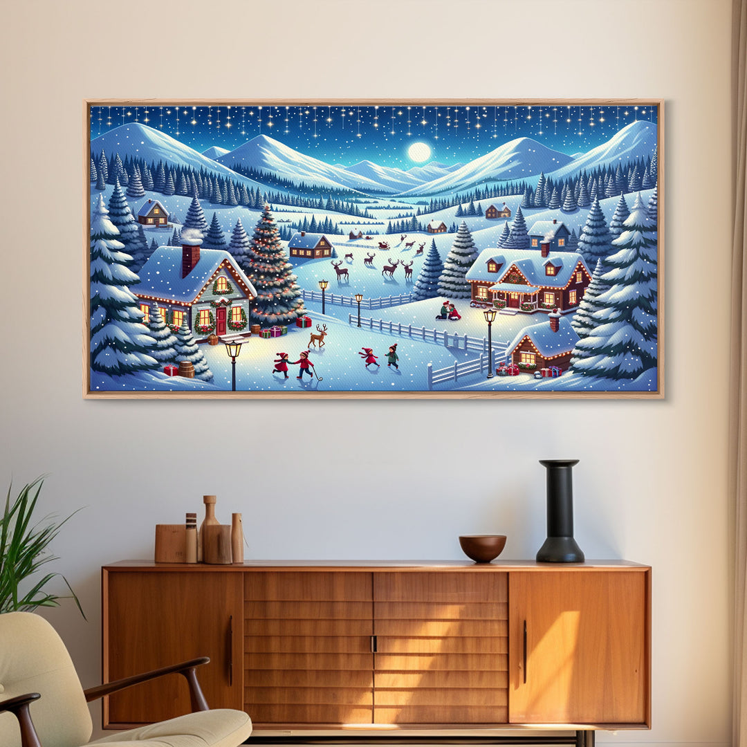 Cute Christmas Village Centerpiece Wall Art - Framed Canvas Print - Winter Wonderland Decorated for Christmas Canvas Wall Art - Vintage Xmas