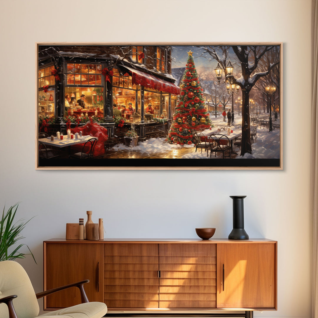 Retro 50s Diner Decorated For Christmas, Framed Canvas Print, Christmas Wall Art, Christmas Decor, Mom Christmas Gift, Christmas Village