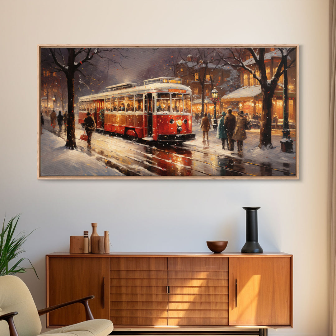 Retro Red Trolley Car Decorated For Christmas, Framed Canvas Print, Christmas Wall Art, Christmas Decor Mom Christmas Gift Christmas Village