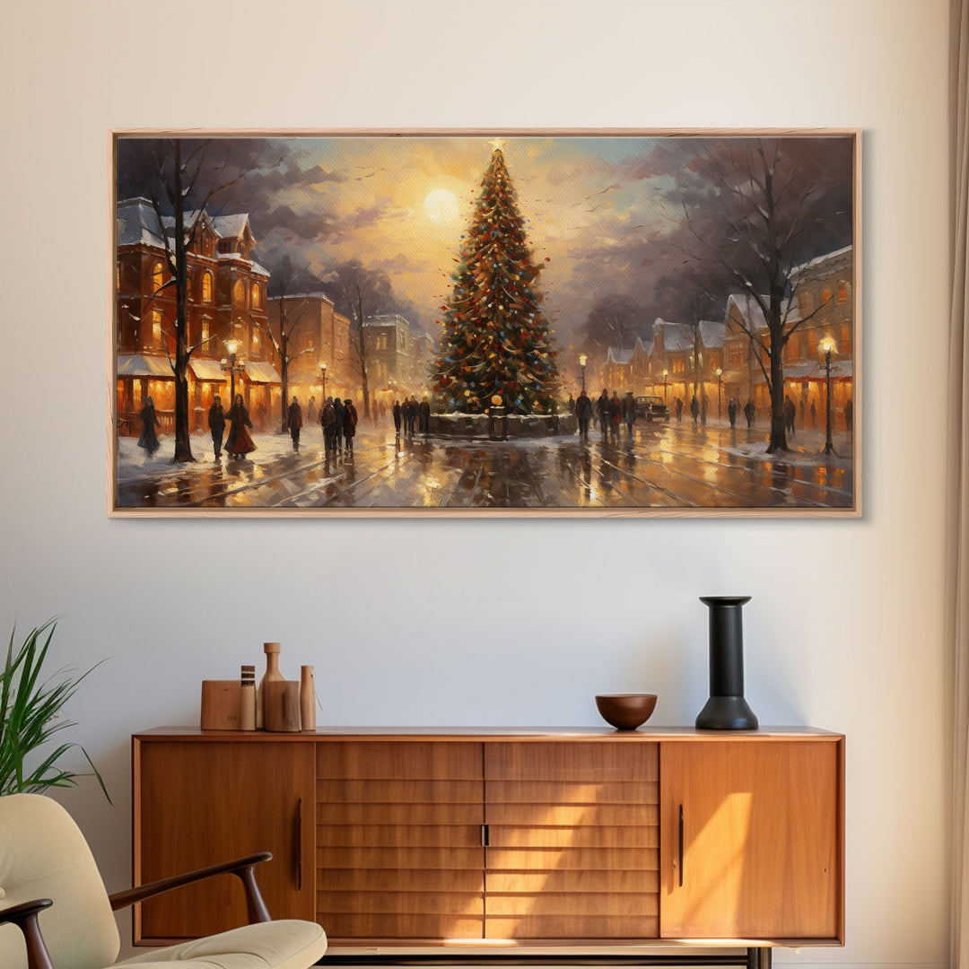 RetroChristmas Village For Christmas, Framed Canvas Print, Christmas Wall Art, Christmas Decor Christmas Gift, Holiday Watercolor Painting