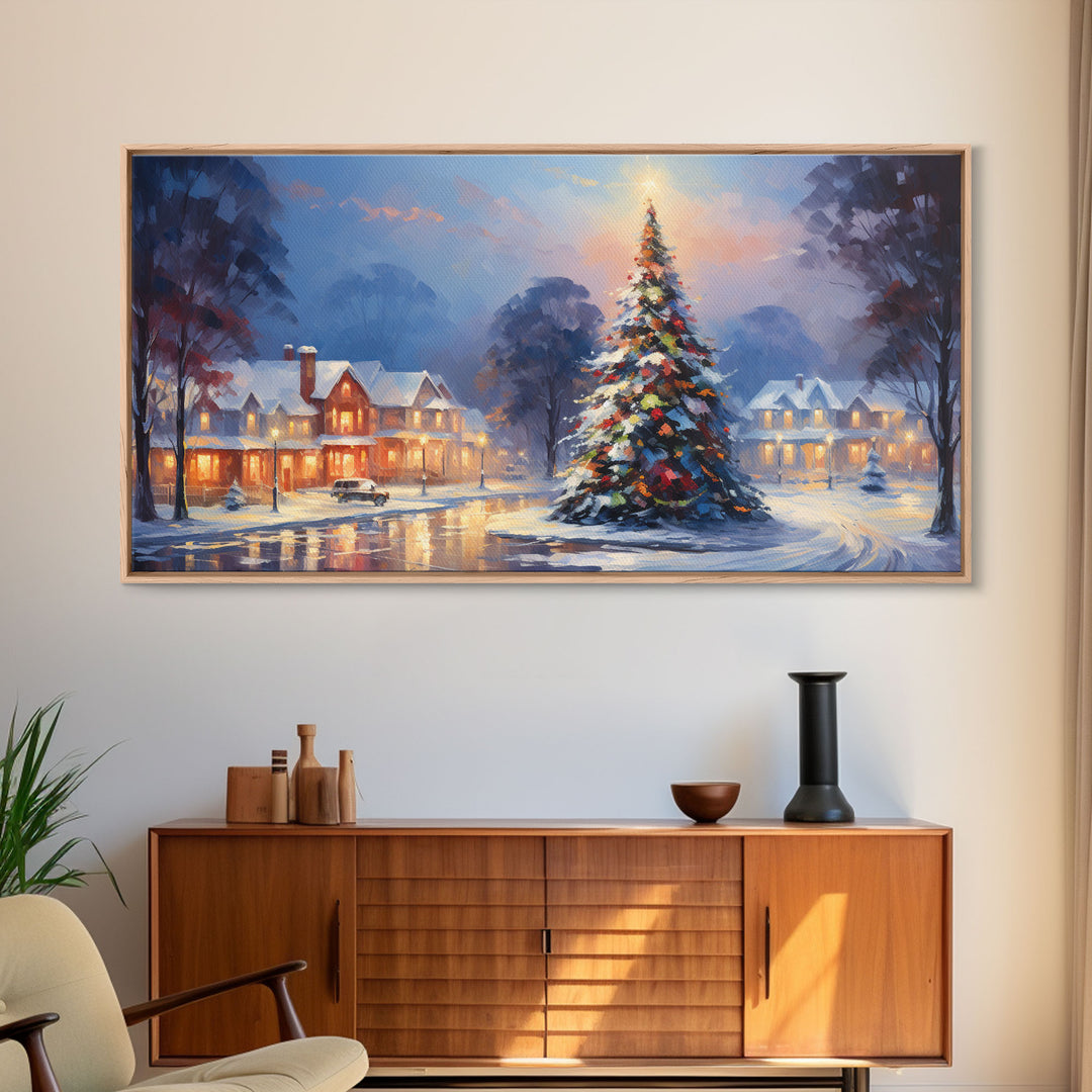 Cute Christmas Decor, Christmas Wall Art, Vintage Winter Wonderland Christmas Village Oil Painting Canvas Print, Framed Wall Art