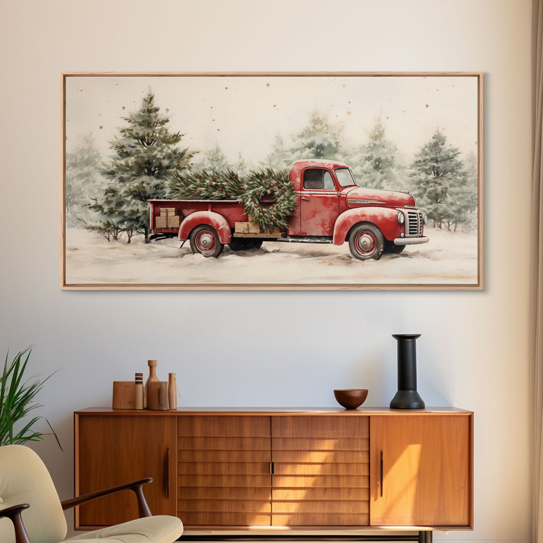Christmas Tree Delivery - Framed Canvas Print - Vintage Style Farmhouse Christmas Decor Wall Art - Retro 1950s Truck Christmas Art