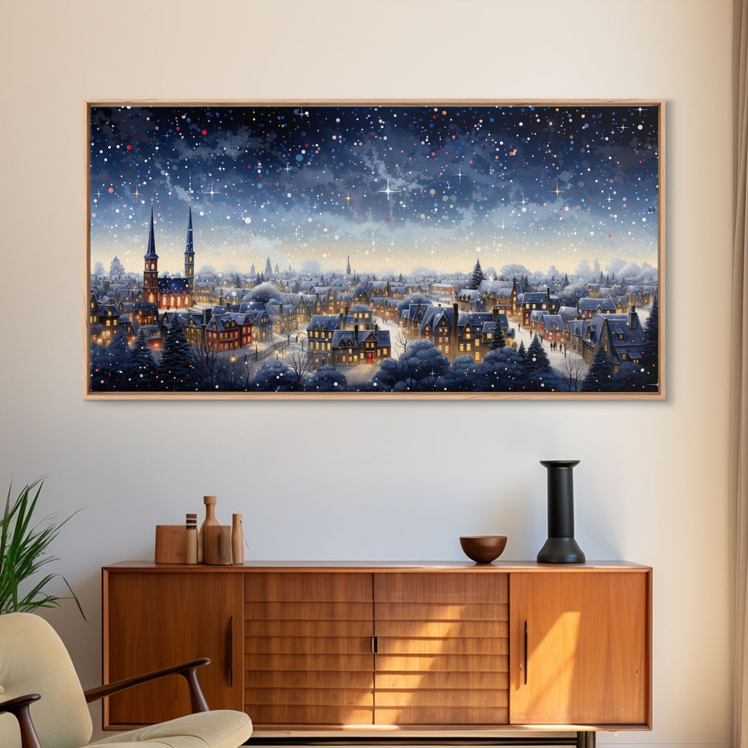 Snowfall Over A Victorian Village - Winter Decor - Christmas Wall Art - Framed Canvas Print - Winter Art Print - Winter Landscape