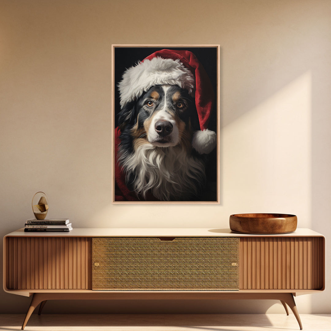 Portrait Of An Australian Shepherd In A Santa Hat, Christmas Art, Christmas Decor, Christmas Wall Art, Christmas Painting, Vintage Christmas