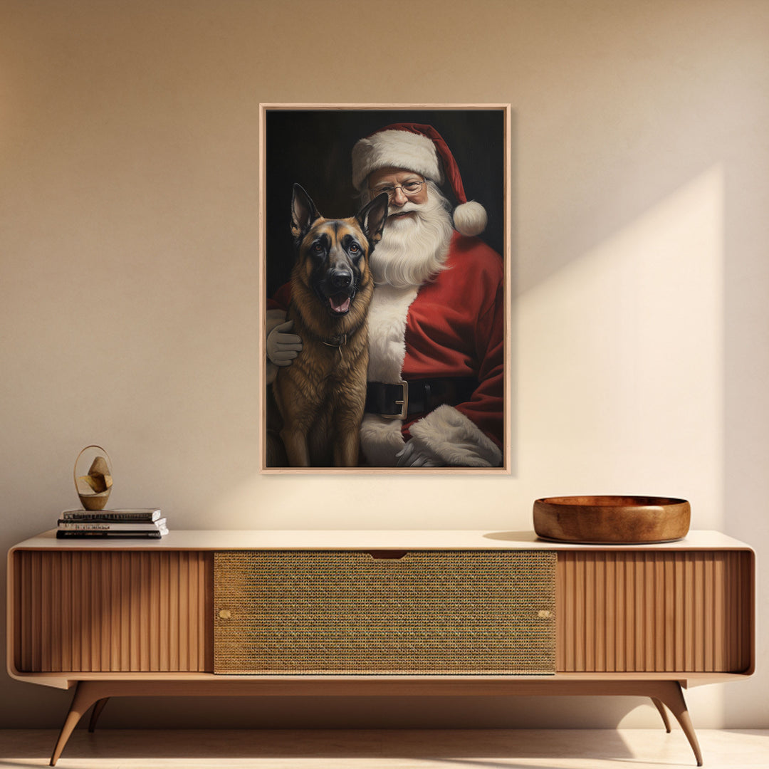Santa Claus and his Belgian Malinois, Cute Dog Art, Framed Canvas Print, Christmas Art, Christmas Decor, Christmas Art Print, Cute Dog Print
