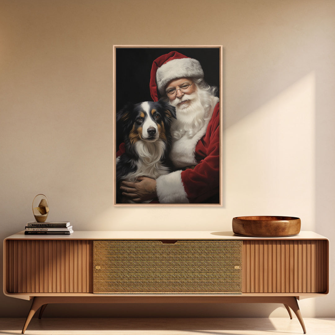 Santa Claus And His Border Collie, Christmas Wall Art, Dog Gift, Christmas Dog, Winter Wall Art, Santa Decor, Santa Art Print, Cute Dog