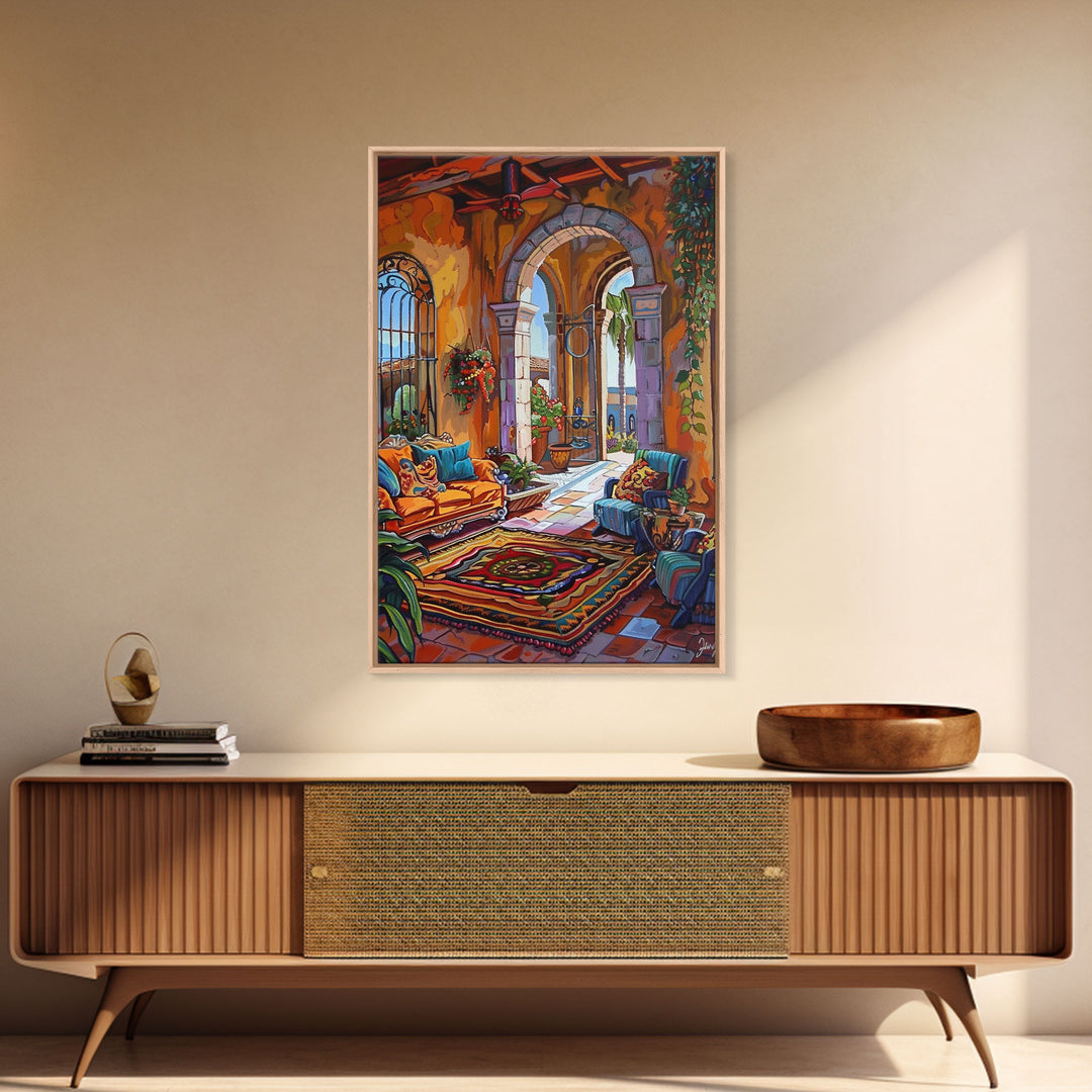 Mediterranean Lounge With Mountain View Framed Canvas Print Spanish Style Patio Wall Art Home Decor Best Gift Seasonal Above Sofa Art