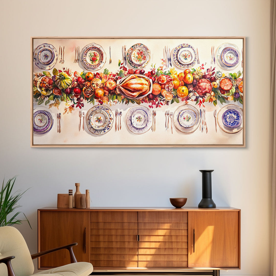 Festive Thanksgiving dinner table setting with colorful centerpiece, framed canvas print perfect autumn holiday decor wall art