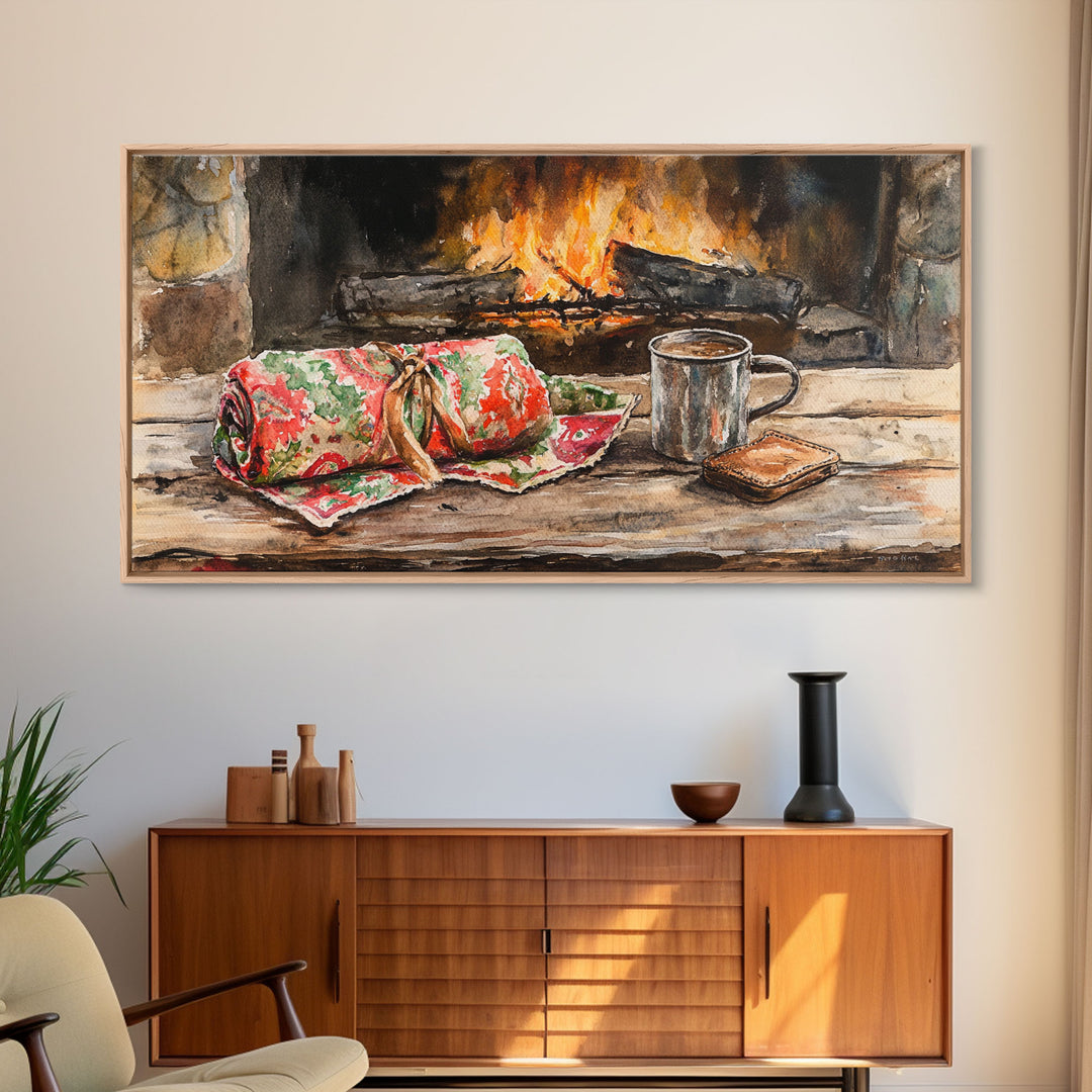 Canvas Print Cozy Fireplace with Christmas Blanket and Mug, Rustic Christmas Decor, Holiday Home Art, Warm Christmas Wall Art