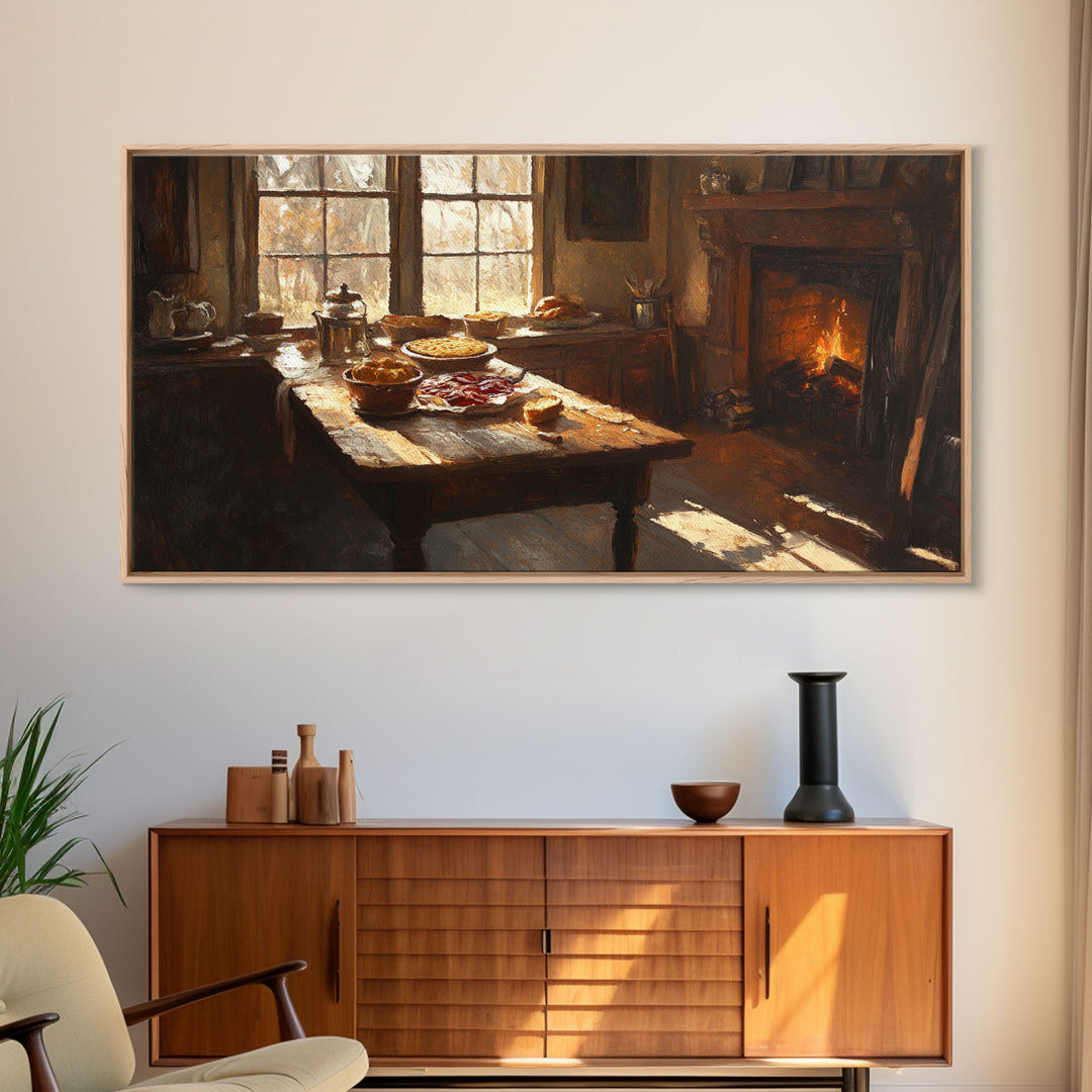 Cozy Kitchen Framed Canvas Print Autumn Fireplace Rustic Home Decor Seasonal Fall Art Large Wall Art Gift for Thanksgiving Decor