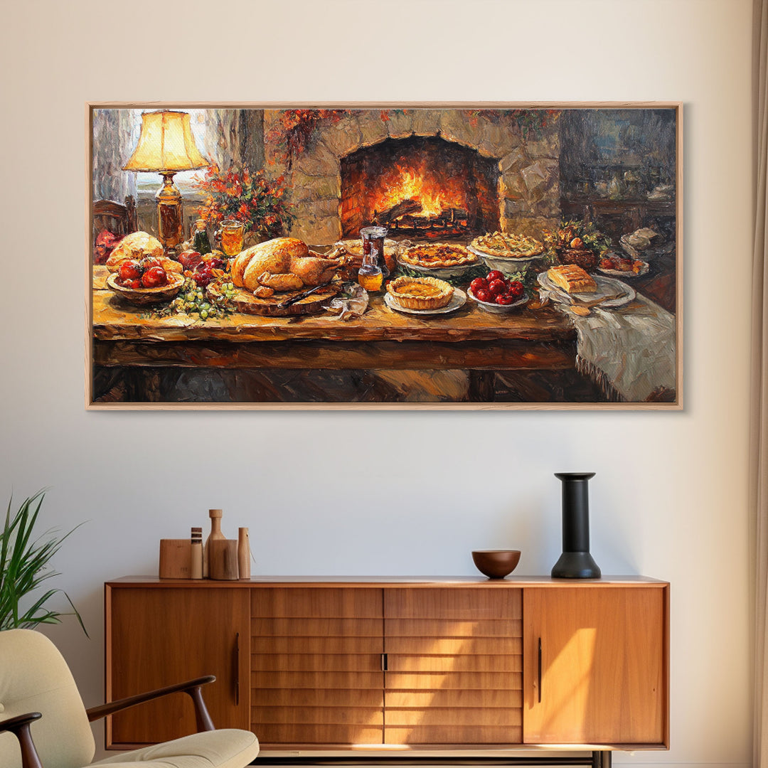 Cozy Thanksgiving Feast by Fireplace Framed Canvas Print Seasonal Wall Art, Rustic Fall Decor, Harvest Celebration Art Print for Home