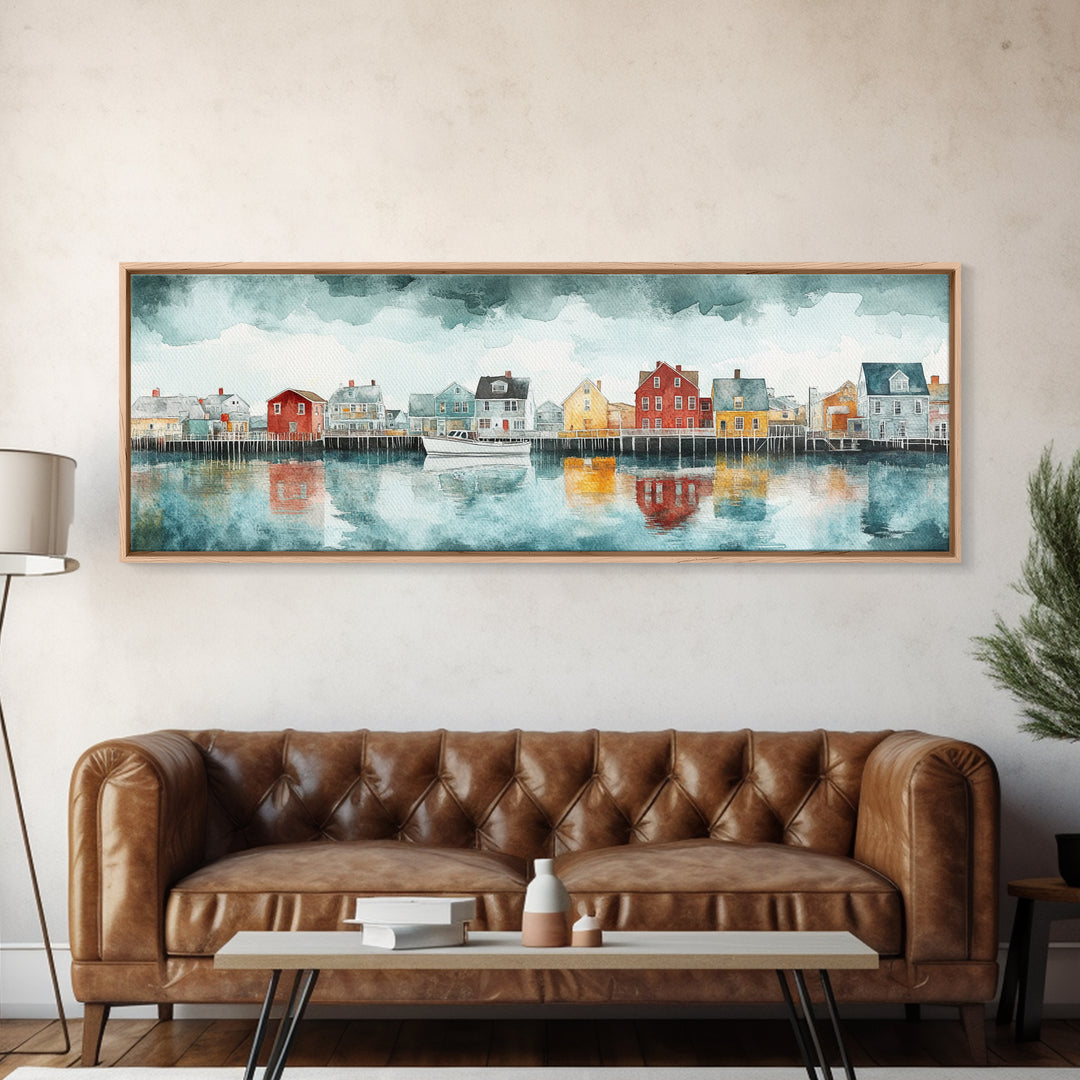Panoramic Painting Print of Nantucket, Framed Canvas Print, Nantucket Painting, nautical seascape landscape painting, Nautical Decor