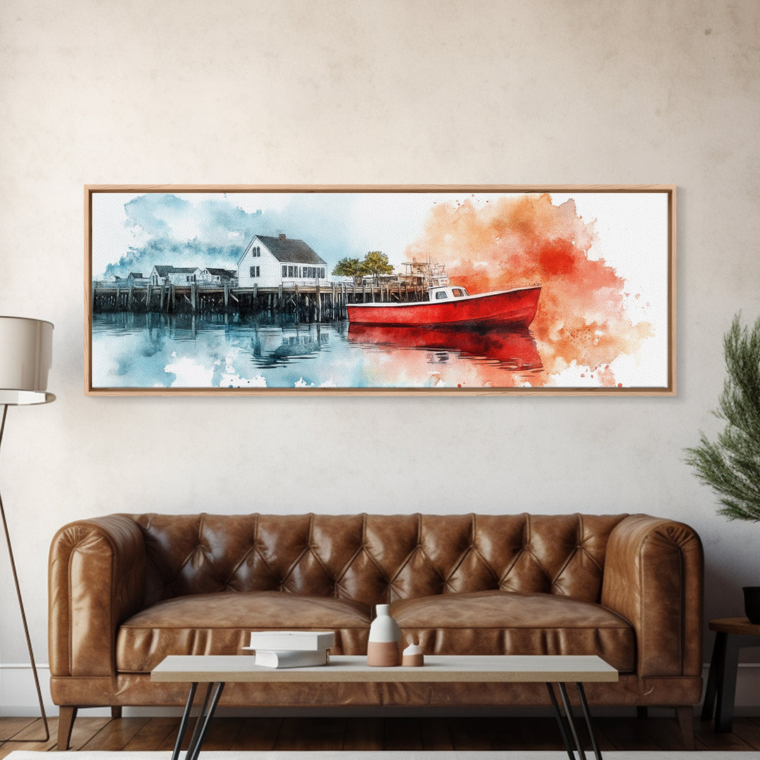 Panoramic Nautical Seacape Painting, Framed Canvas Print - Nantucket Wall Art - Beach House Art - Painting of Nantucket
