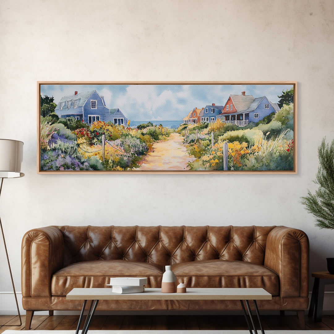 Panoramic Painting Print of Nantucket, Framed Canvas, Nautical Wall Art, Seascape landscape painting, Horizontal Nantucket Wall Art